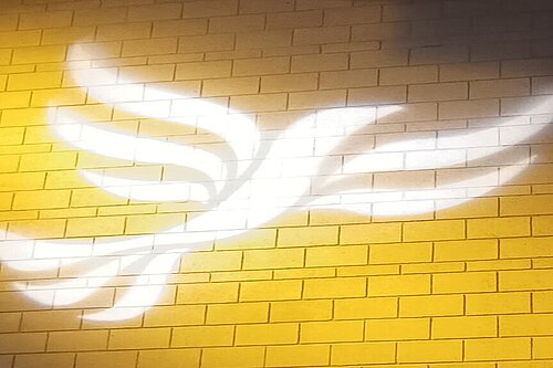 Lib Dem logo bird projected on blockwork