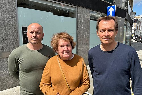 Lib dem councillors linda wade and tim verboven with campaigner Christophe Noblet outside the proposed silvertime site