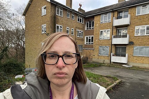 Cllr Claire Bonham outside South Bank flats