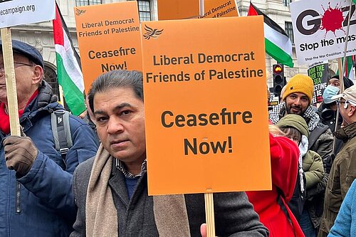 Liberal Democrat campaigner Afzal Choudhry calling for a ceasefire